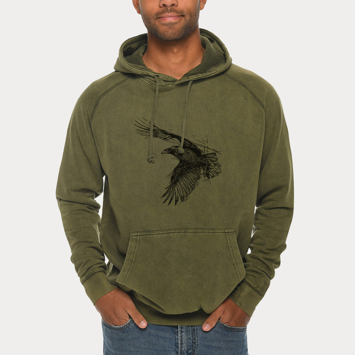 Flying Raven - Corvus corax  - Mid-Weight Unisex Vintage 100% Cotton Hoodie