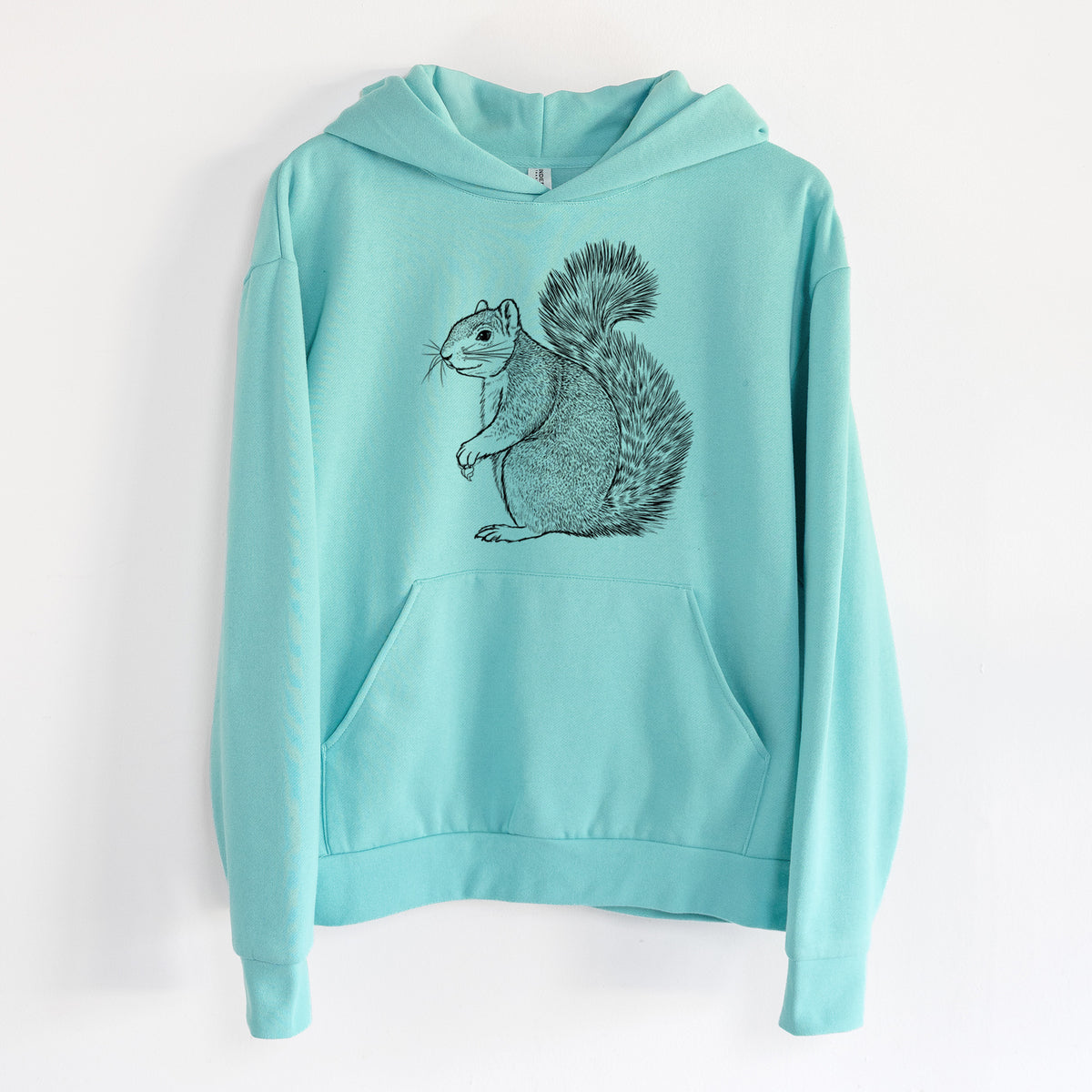 Eastern Fox Squirrel - Sciurus niger - Statement Midweight Hoodie in Seafoam, hanging on a white wall, with a front kangaroo pocket and no drawcords.