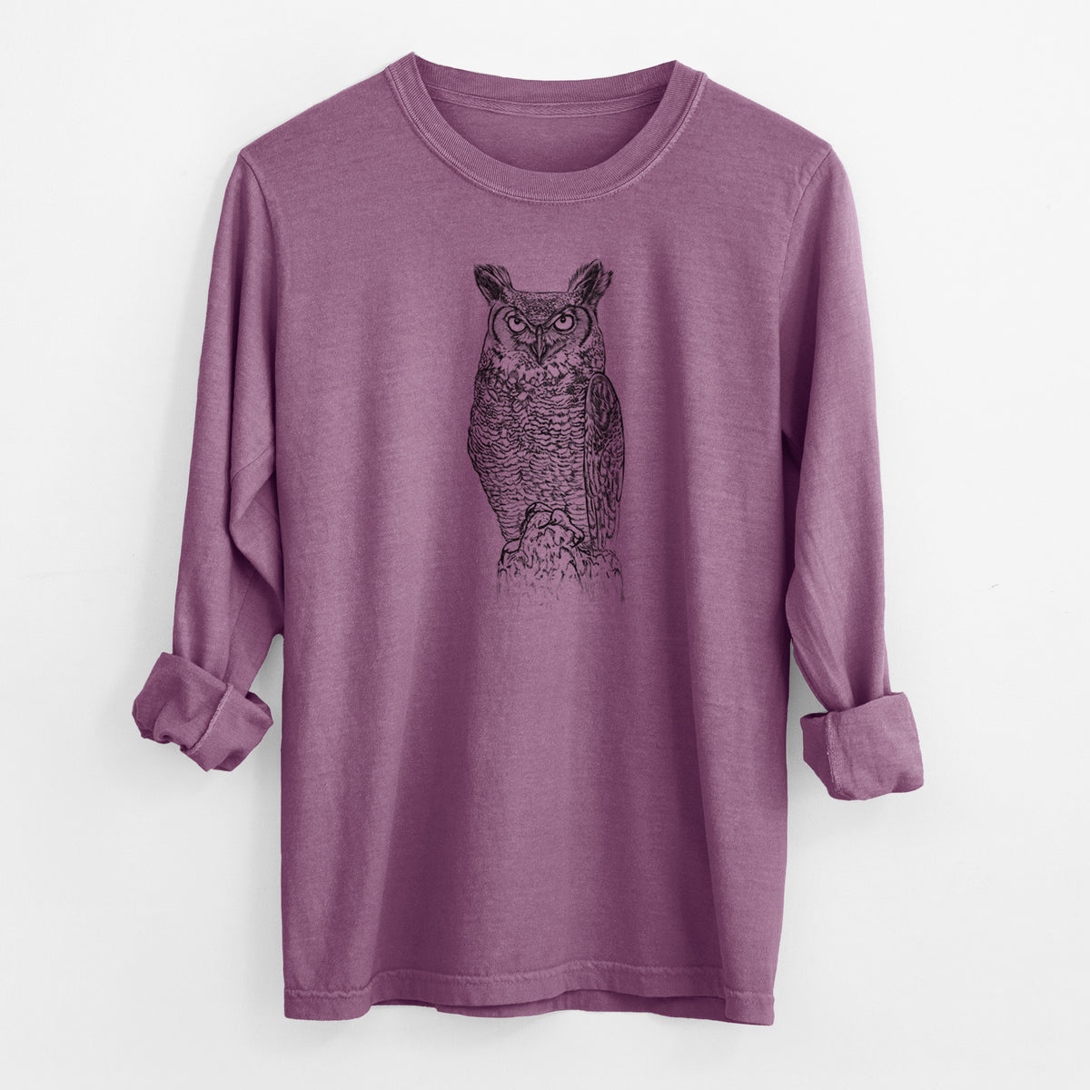 Bubo virginianus - Great Horned Owl - Men&#39;s Heavyweight 100% Cotton Long Sleeve