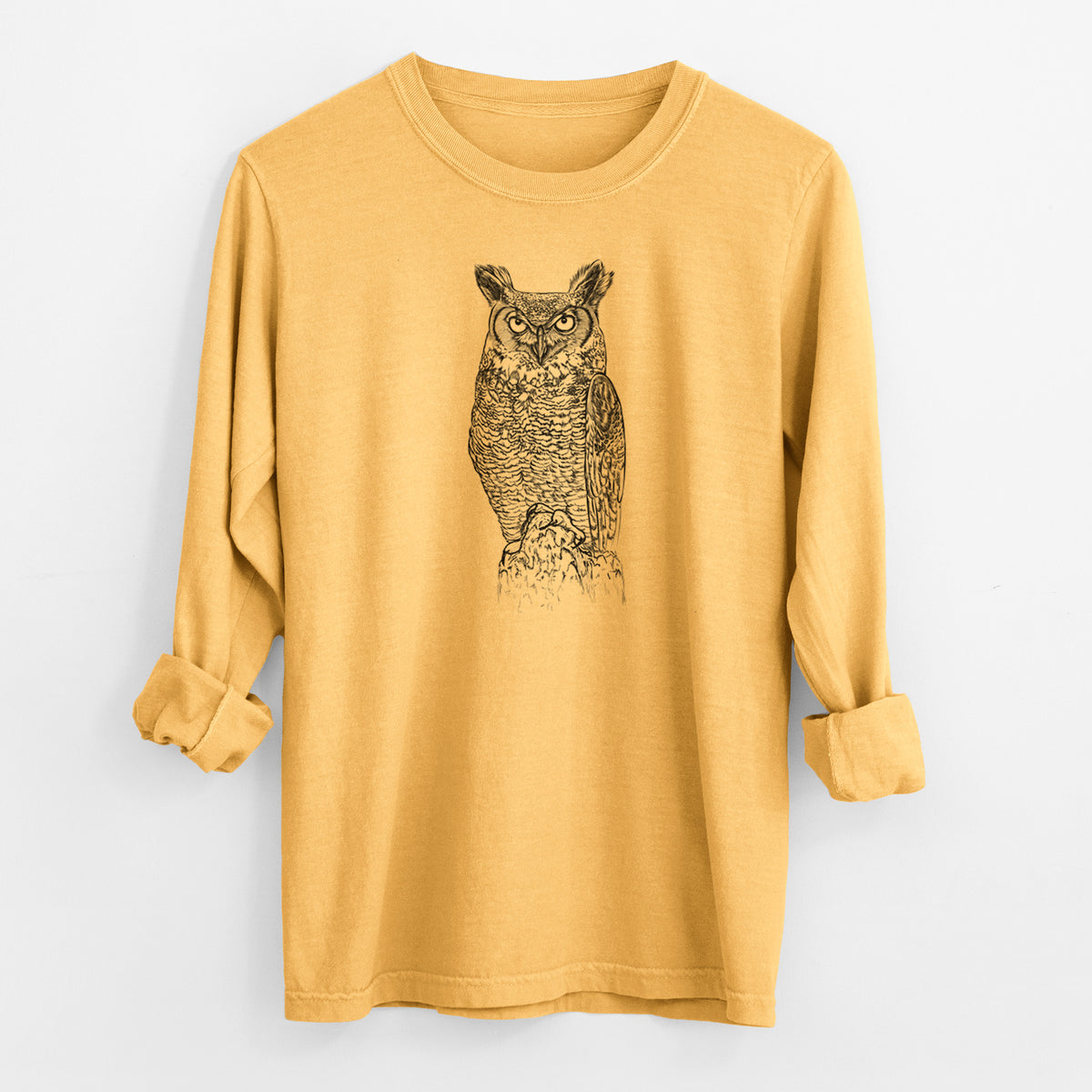 Bubo virginianus - Great Horned Owl - Men&#39;s Heavyweight 100% Cotton Long Sleeve