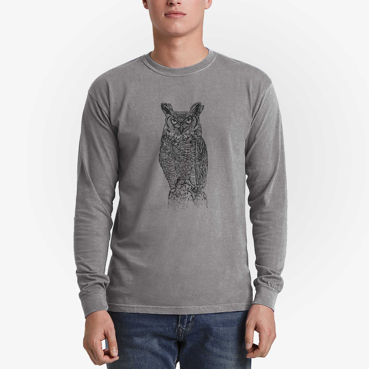 Bubo virginianus - Great Horned Owl - Men&#39;s Heavyweight 100% Cotton Long Sleeve