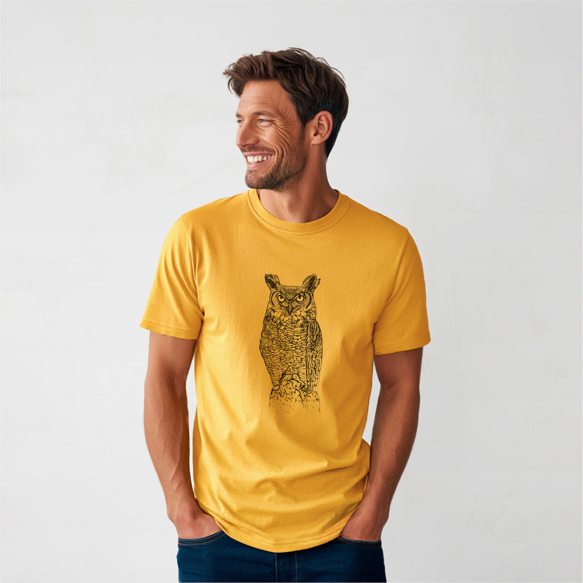 Bubo virginianus - Great Horned Owl - Heavyweight Men&#39;s 100% Organic Cotton Tee