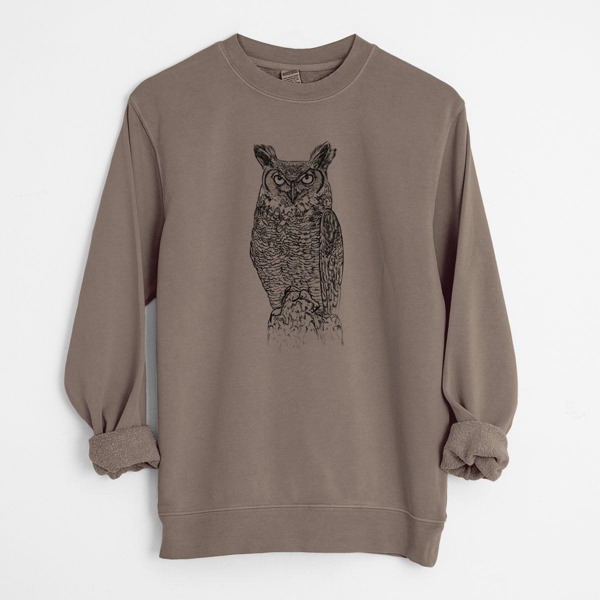 Bubo virginianus - Great Horned Owl - Unisex Pigment Dyed Crew Sweatshirt in Espresso Brown Color