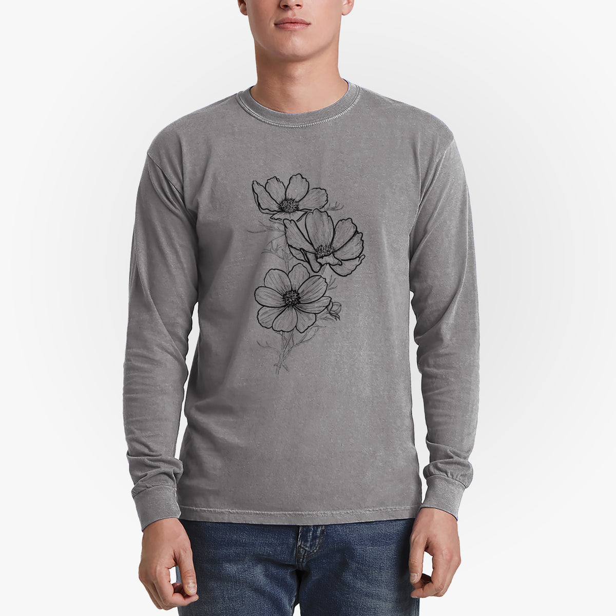 Garden Cosmos - Apollo White Cosmos bipinnatus - Men&#39;s Heavyweight 100% Cotton Long Sleeve