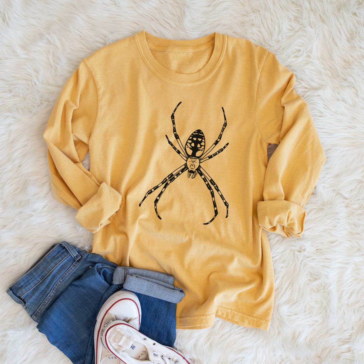 Argiope aurantia - Yellow Garden Spider - Men&#39;s Heavyweight 100% Cotton Long Sleeve