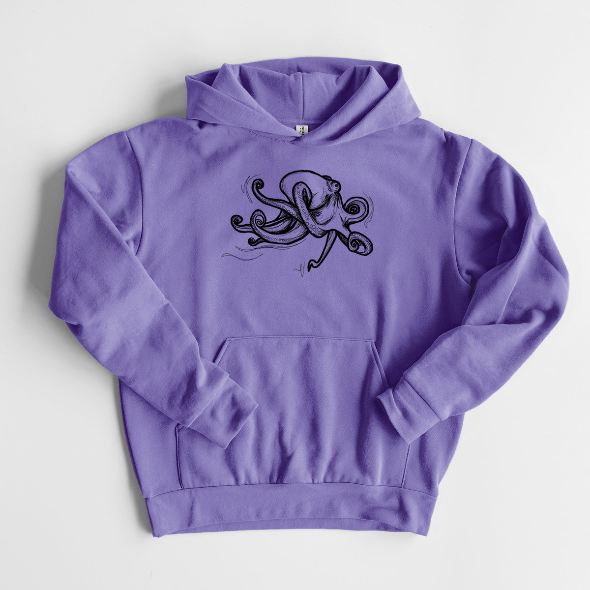 Giant Pacific Octopus - Statement Midweight Hoodie in Violet, laid flat, showing the oversized boxy fit and front kangaroo pocket.