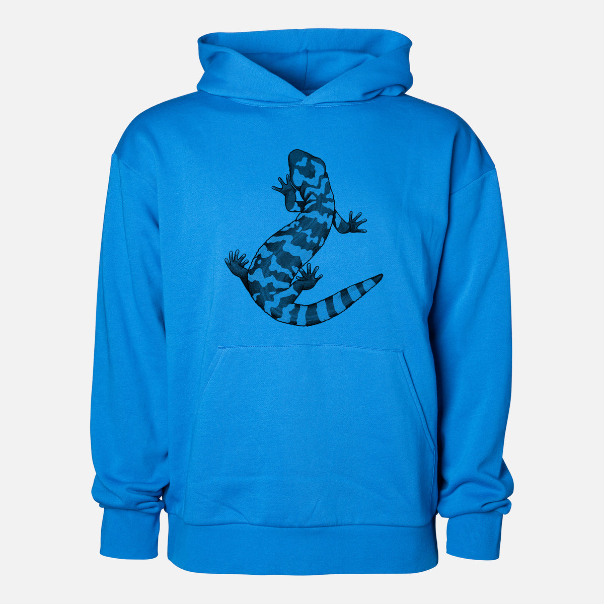 Gila Monster - Heloderma suspectum - Statement Midweight Hoodie in Azure Blue, shown from the front with the design printed on the chest above a front kangaroo pocket.