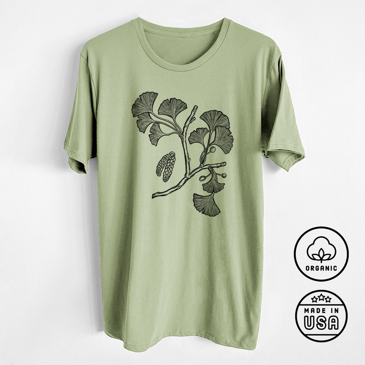 CLOSEOUT - Ginkgo Biloba - Ginkgo Tree Stem with Leaves - Unisex Crewneck - Made in USA - 100% Organic Cotton