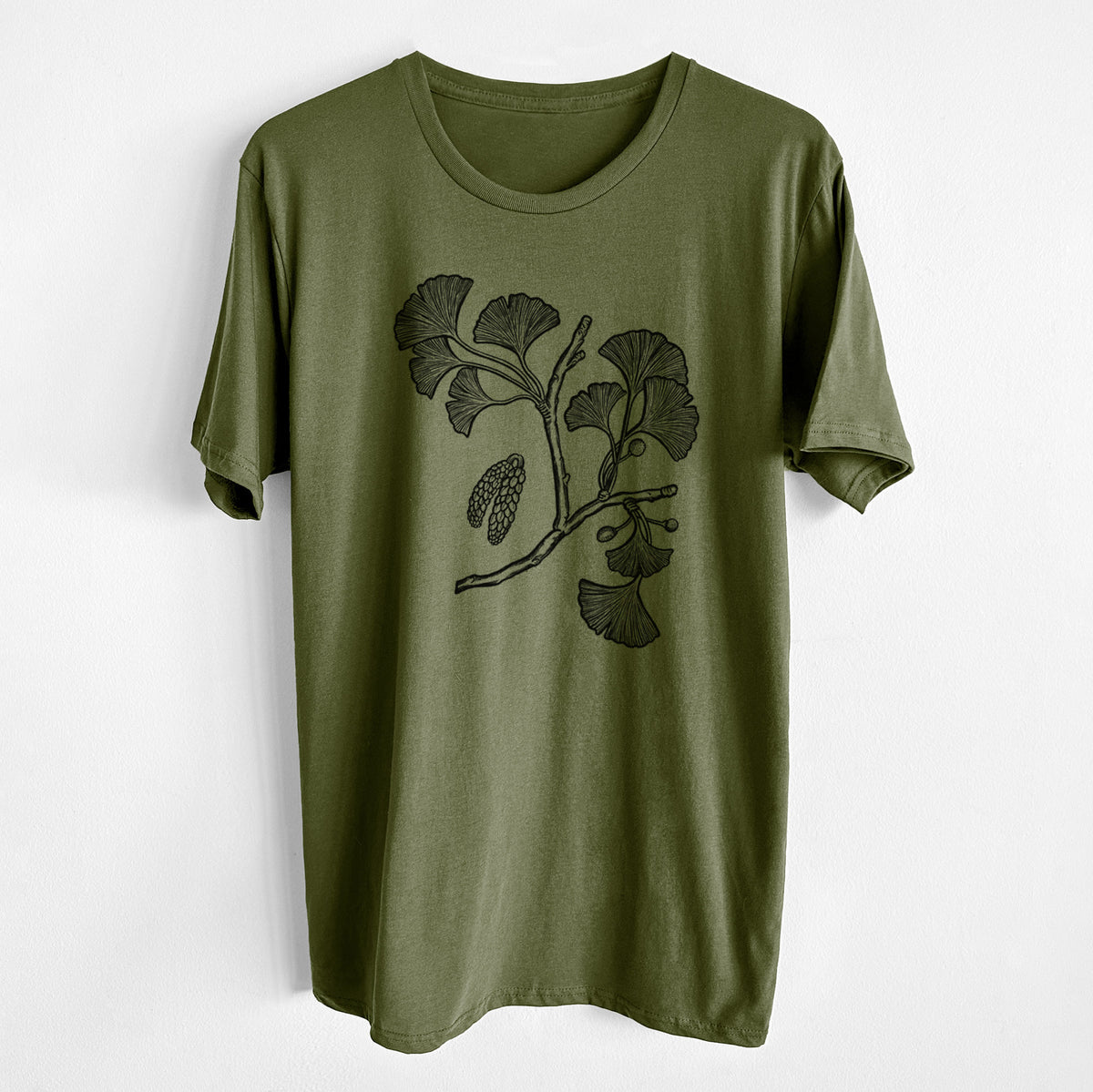 CLOSEOUT - Ginkgo Biloba - Ginkgo Tree Stem with Leaves - Unisex Crewneck - Made in USA - 100% Organic Cotton