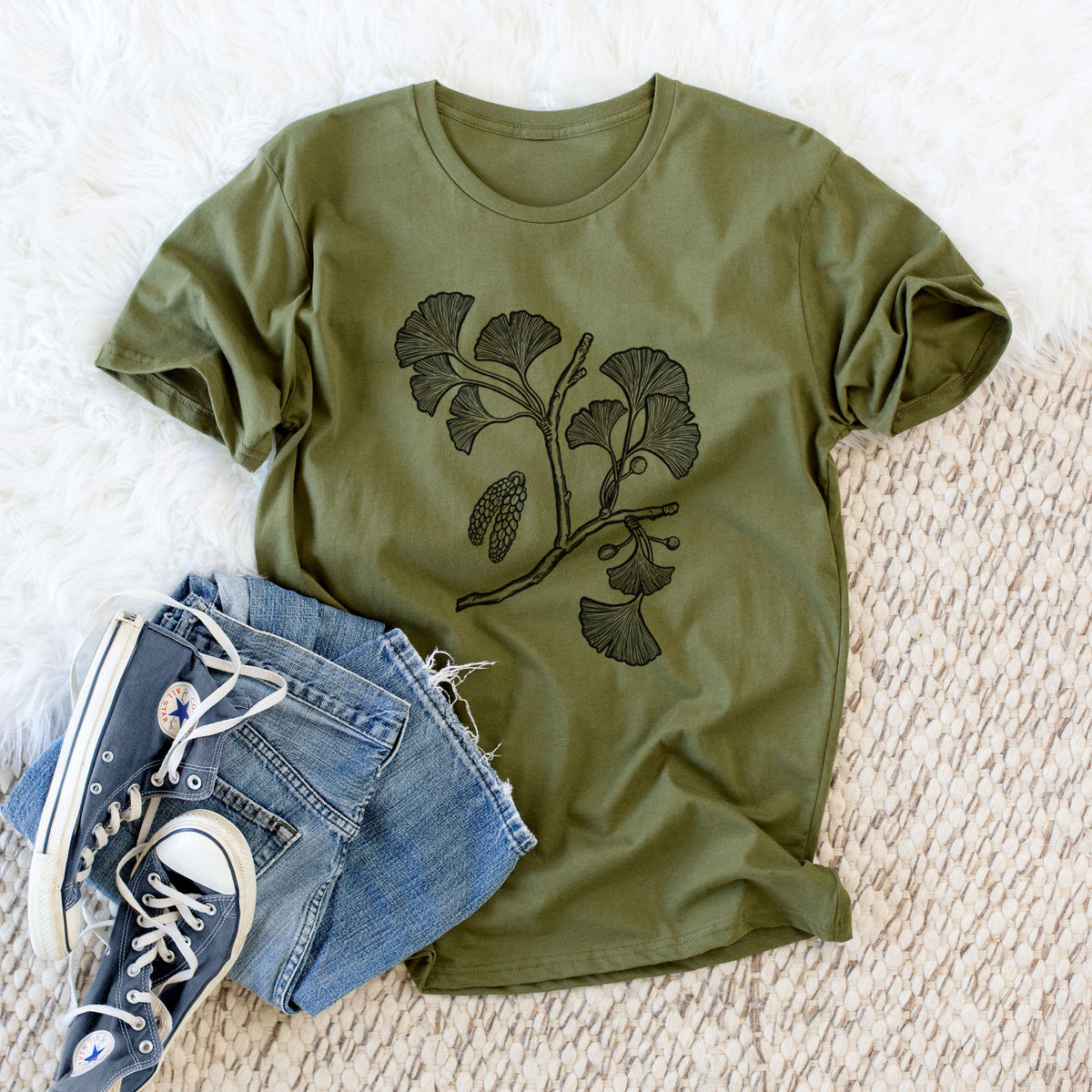 CLOSEOUT - Ginkgo Biloba - Ginkgo Tree Stem with Leaves - Unisex Crewneck - Made in USA - 100% Organic Cotton