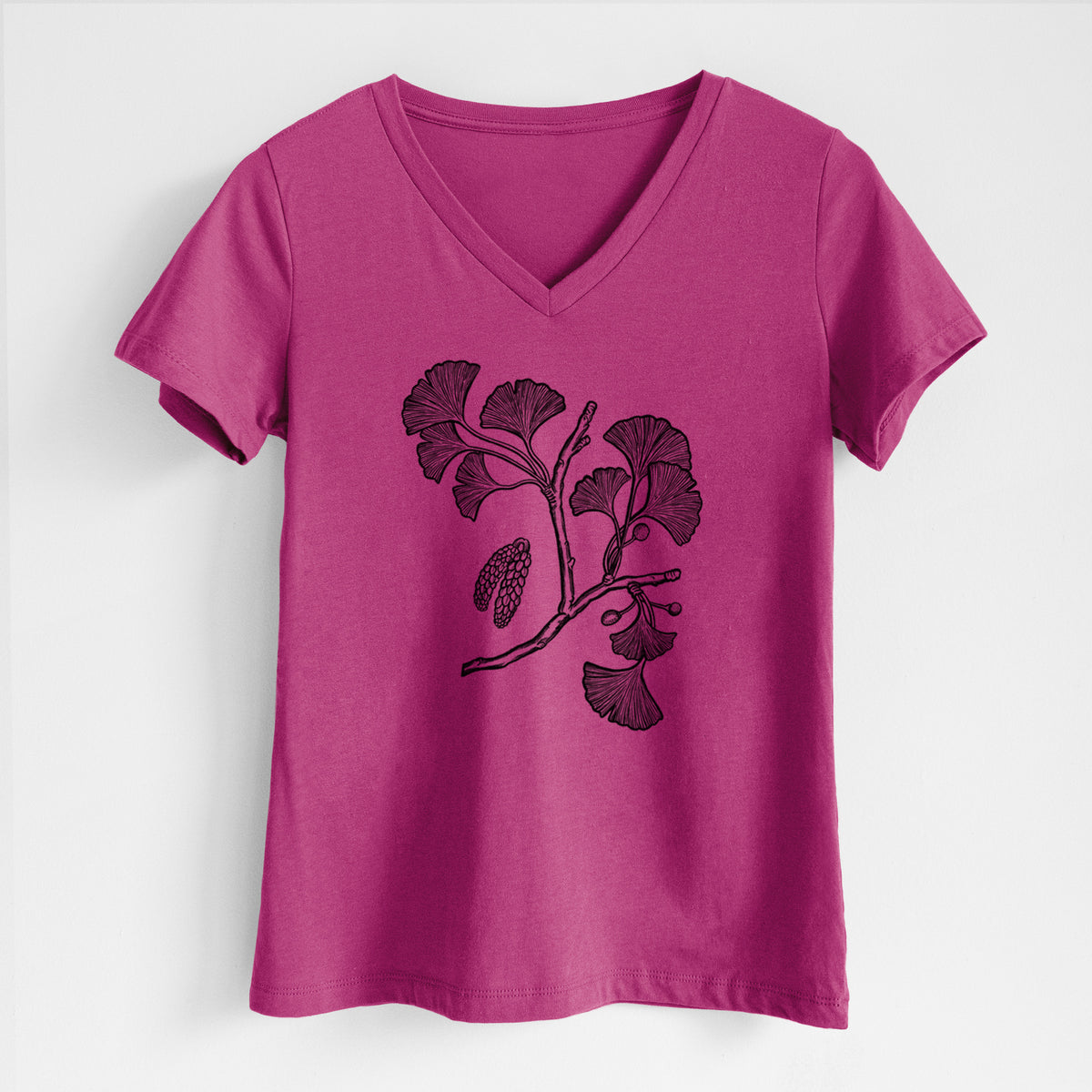 Ginkgo Biloba - Ginkgo Tree Stem with Leaves - Women&#39;s Lightweight Relaxed Fit 100% Cotton V-neck