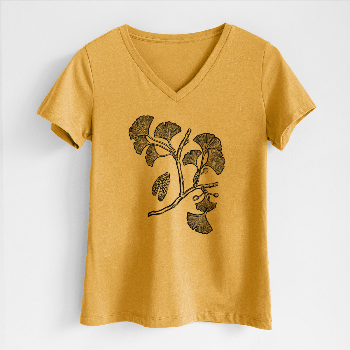 Ginkgo Biloba - Ginkgo Tree Stem with Leaves - Women&#39;s Lightweight Relaxed Fit 100% Cotton V-neck
