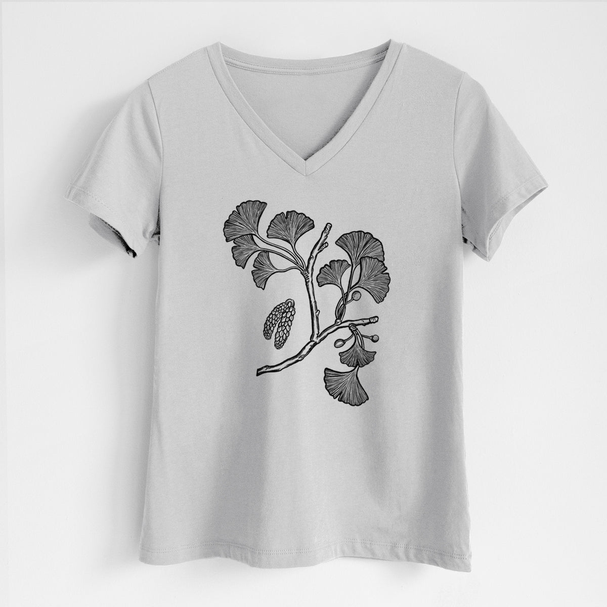 Ginkgo Biloba - Ginkgo Tree Stem with Leaves - Women&#39;s Lightweight Relaxed Fit 100% Cotton V-neck
