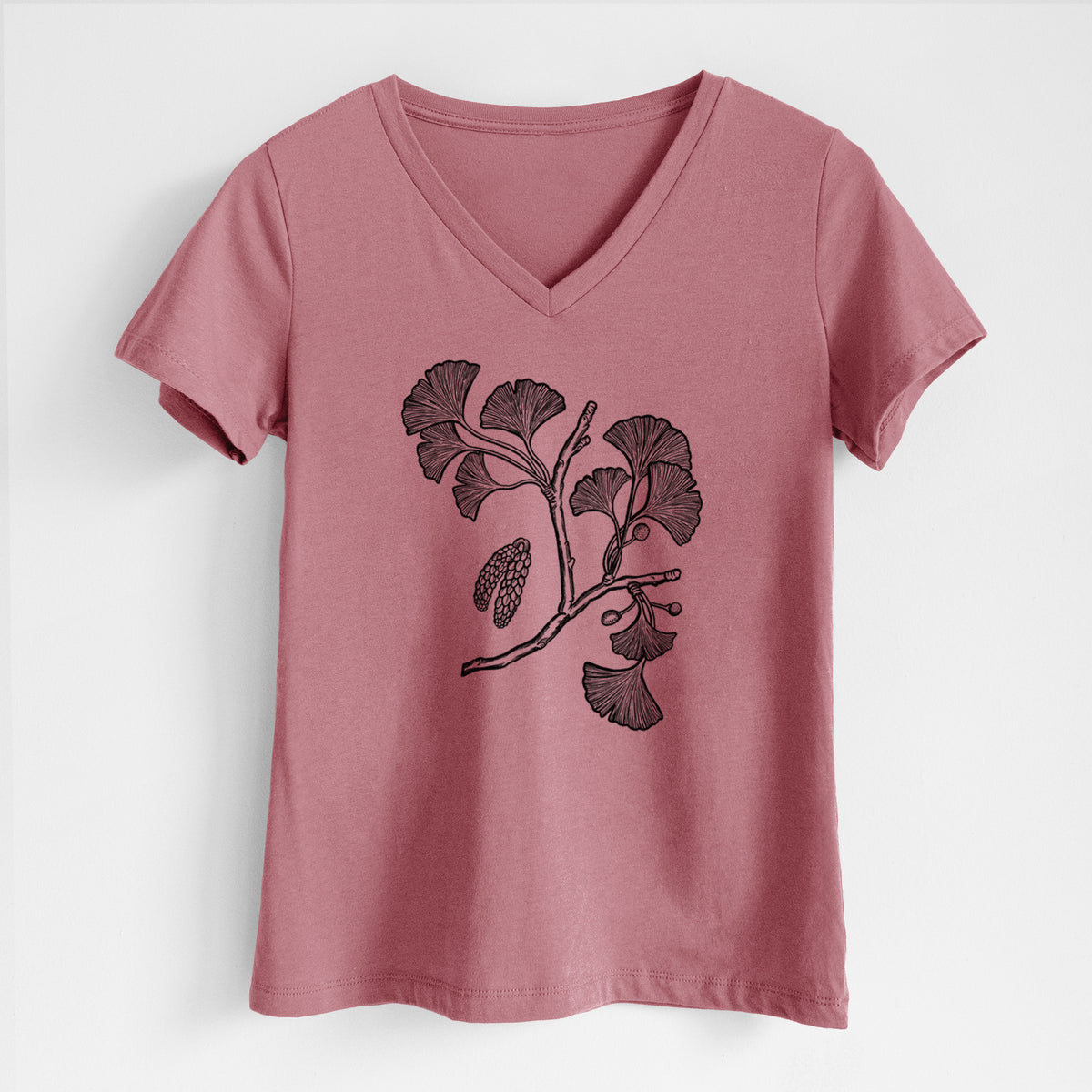 Ginkgo Biloba - Ginkgo Tree Stem with Leaves - Women&#39;s Lightweight Relaxed Fit 100% Cotton V-neck
