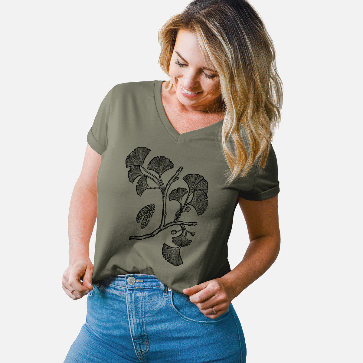 Ginkgo Biloba - Ginkgo Tree Stem with Leaves - Women&#39;s Lightweight Relaxed Fit 100% Cotton V-neck