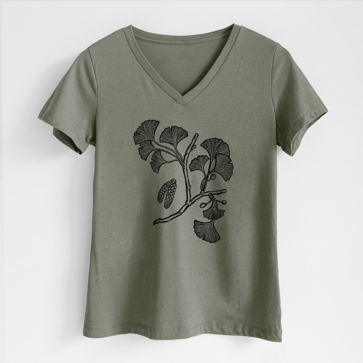 Ginkgo Biloba - Ginkgo Tree Stem with Leaves - Women&#39;s Lightweight Relaxed Fit 100% Cotton V-neck