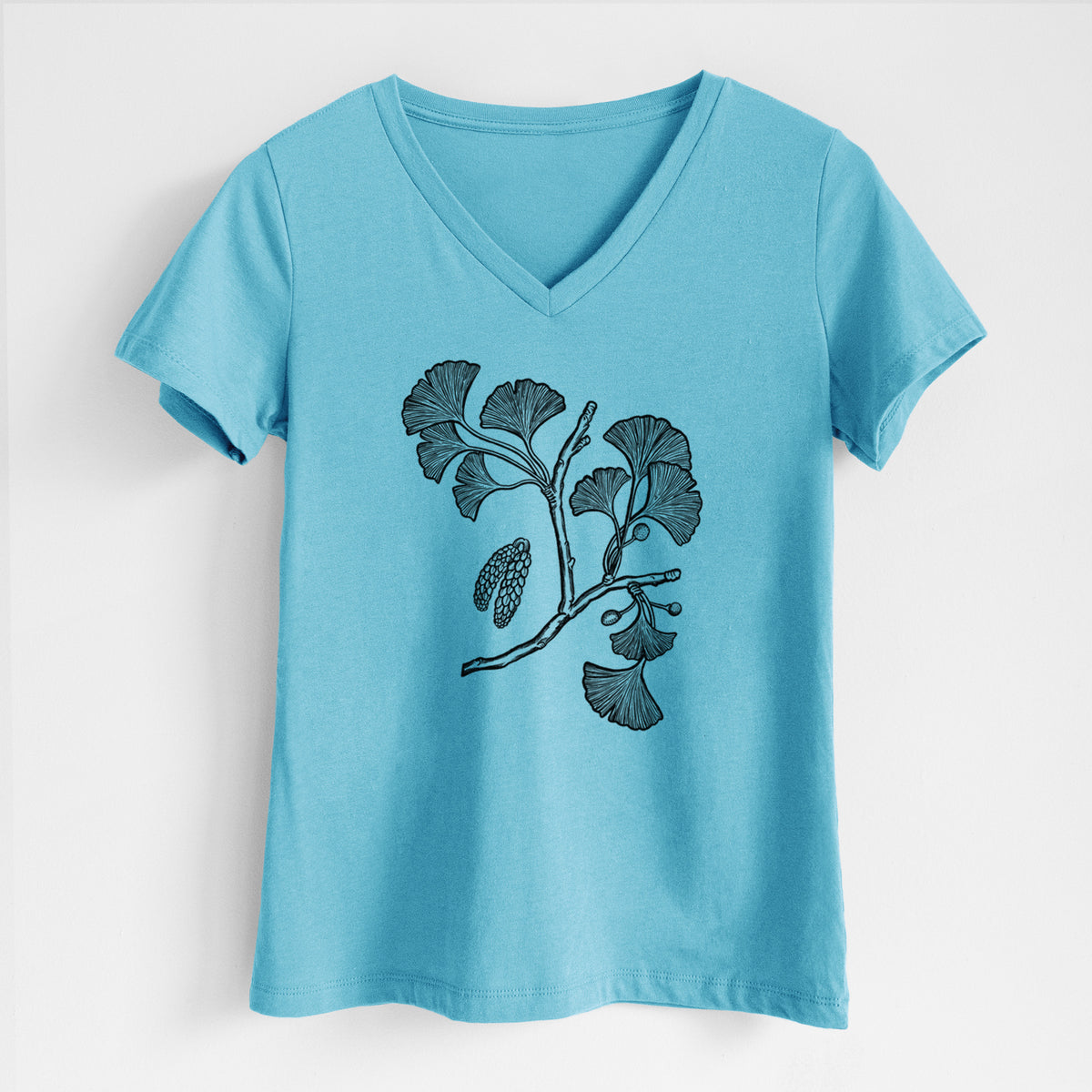 Ginkgo Biloba - Ginkgo Tree Stem with Leaves - Women&#39;s Lightweight Relaxed Fit 100% Cotton V-neck