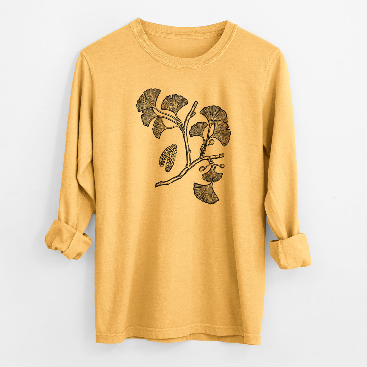 Ginkgo Biloba - Ginkgo Tree Stem with Leaves - Men&#39;s Heavyweight 100% Cotton Long Sleeve