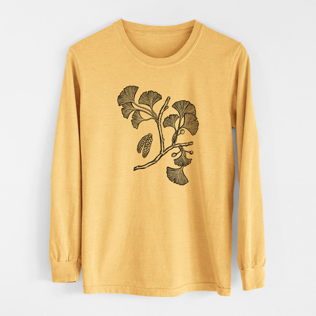 Ginkgo Biloba - Ginkgo Tree Stem with Leaves - Men&#39;s Heavyweight 100% Cotton Long Sleeve