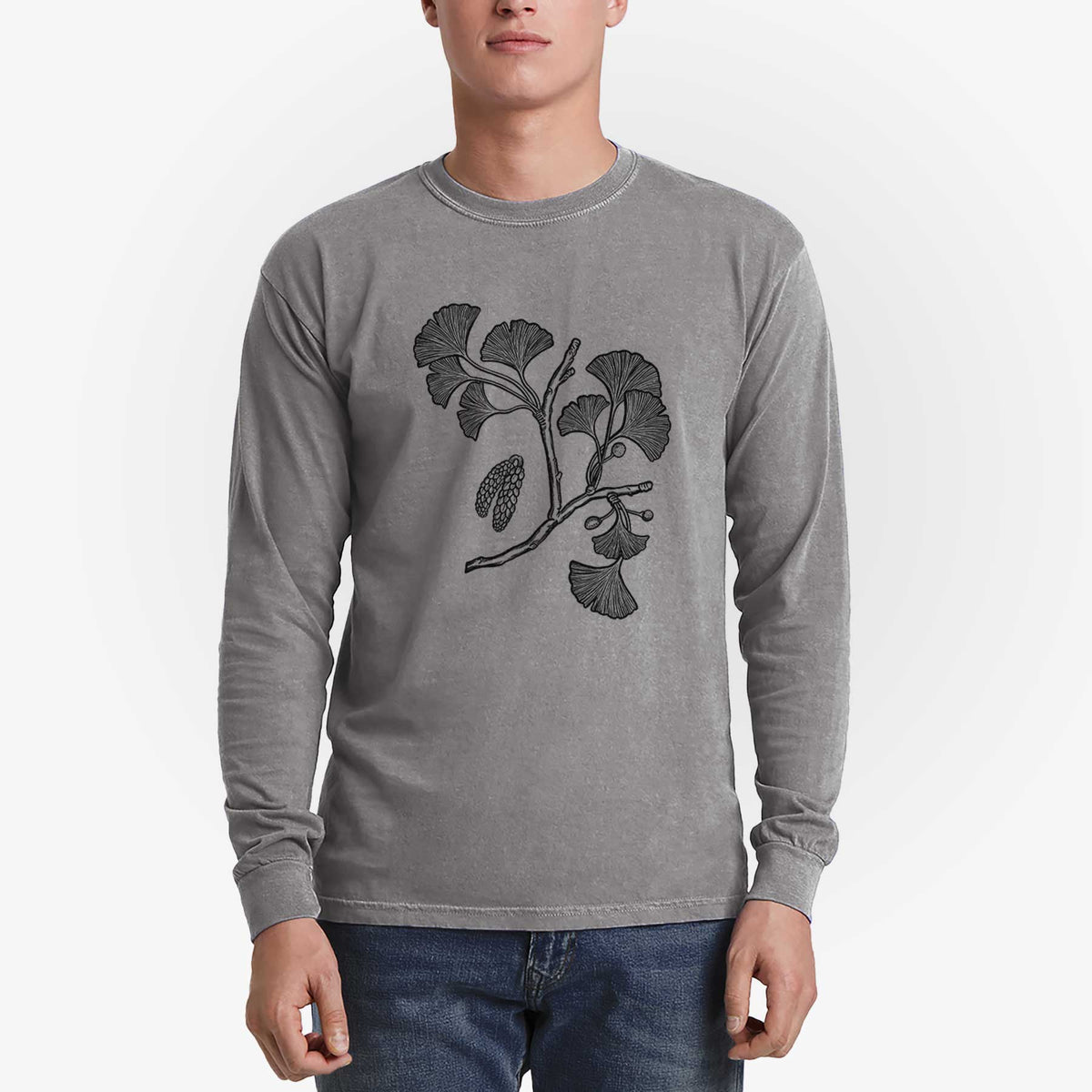 Ginkgo Biloba - Ginkgo Tree Stem with Leaves - Men&#39;s Heavyweight 100% Cotton Long Sleeve