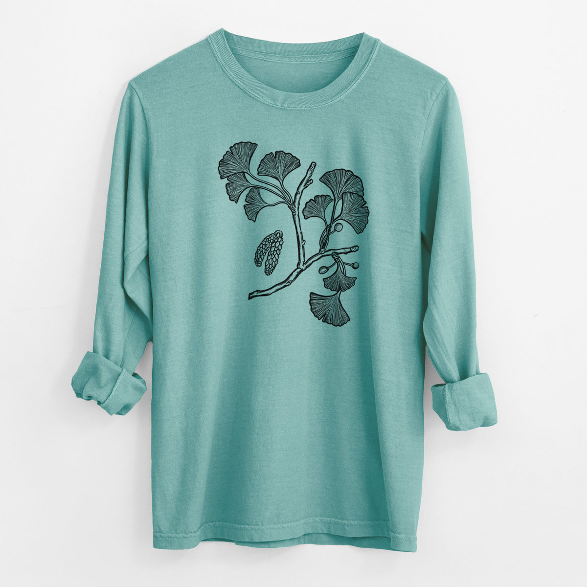 Ginkgo Biloba - Ginkgo Tree Stem with Leaves - Men&#39;s Heavyweight 100% Cotton Long Sleeve