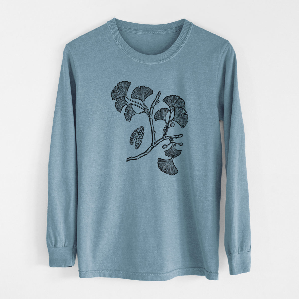 Ginkgo Biloba - Ginkgo Tree Stem with Leaves - Men&#39;s Heavyweight 100% Cotton Long Sleeve