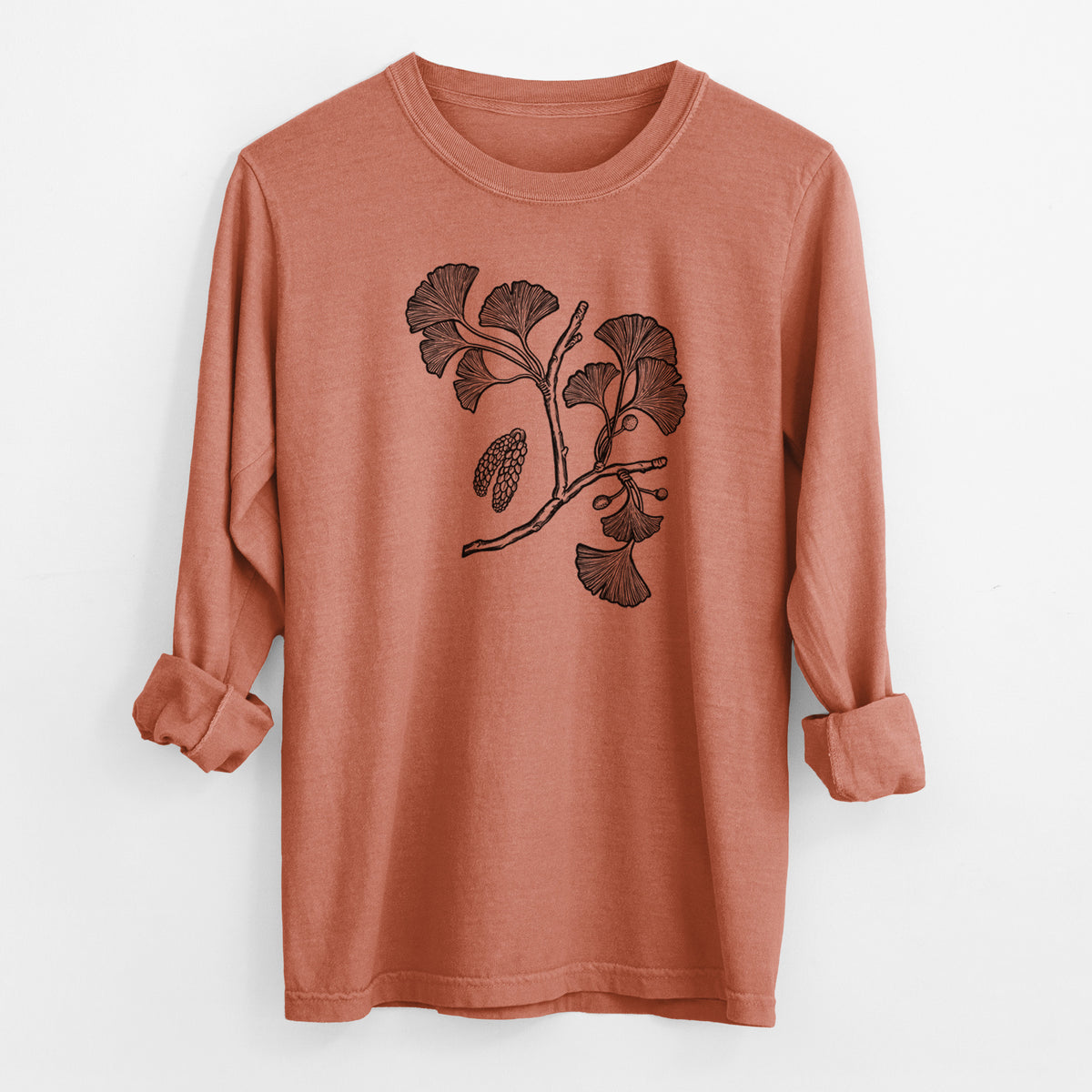 Ginkgo Biloba - Ginkgo Tree Stem with Leaves - Men&#39;s Heavyweight 100% Cotton Long Sleeve