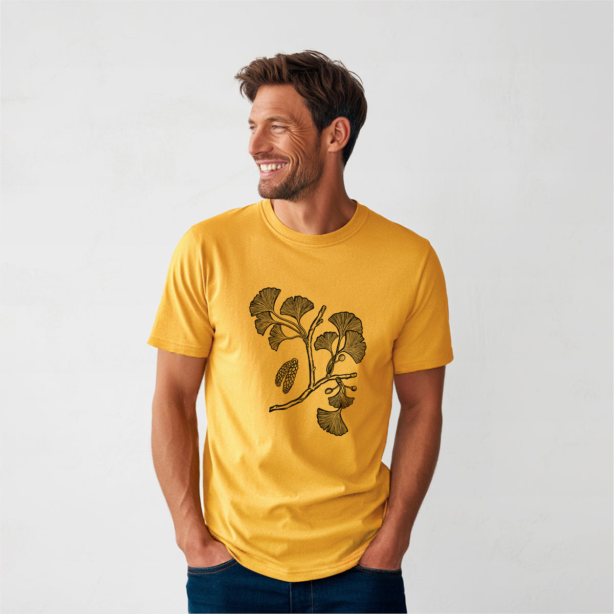 Ginkgo Biloba - Ginkgo Tree Stem with Leaves - Heavyweight Men&#39;s 100% Organic Cotton Tee