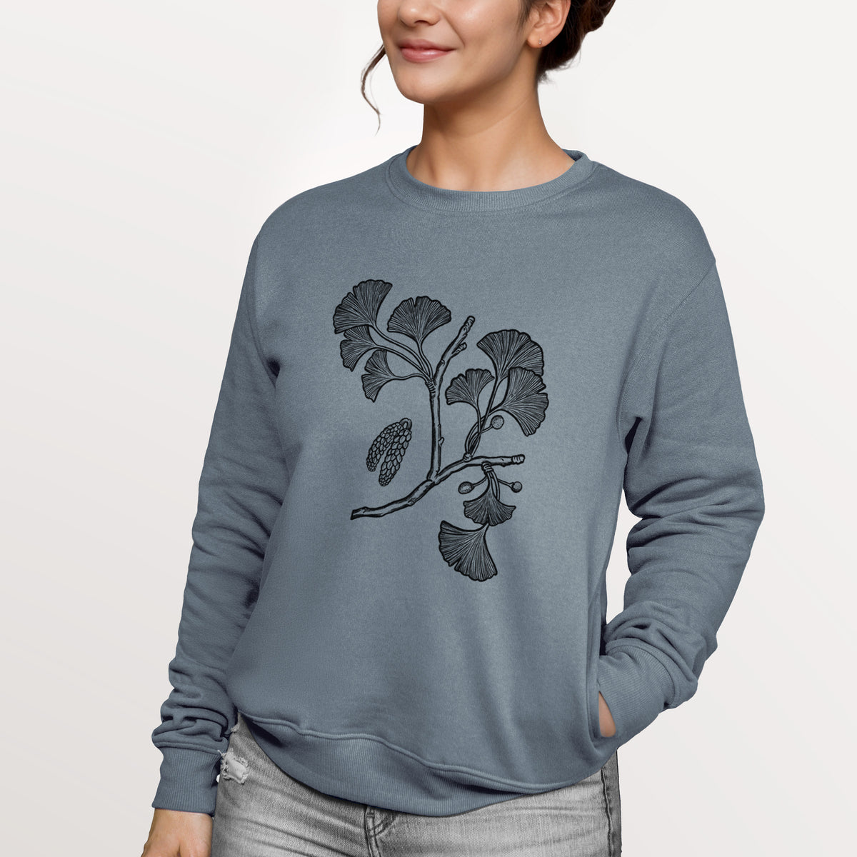 Ginkgo Biloba - Ginkgo Tree Stem with Leaves  - Unisex Reclaimed Crewneck Sweatshirt