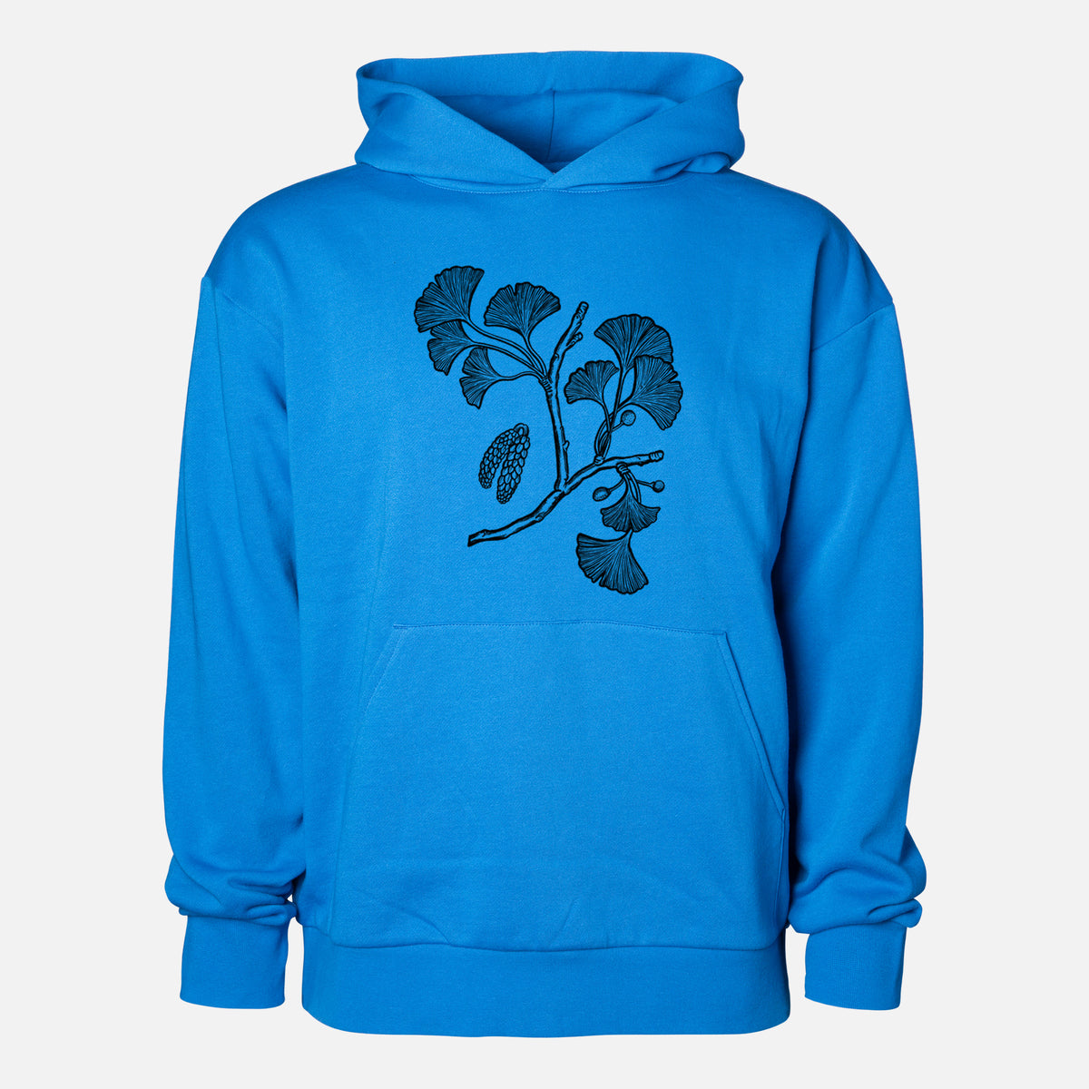 Ginkgo Biloba - Ginkgo Tree Stem with Leaves - Statement Midweight Hoodie in Azure Blue, shown from the front with the design printed on the chest above a front kangaroo pocket.