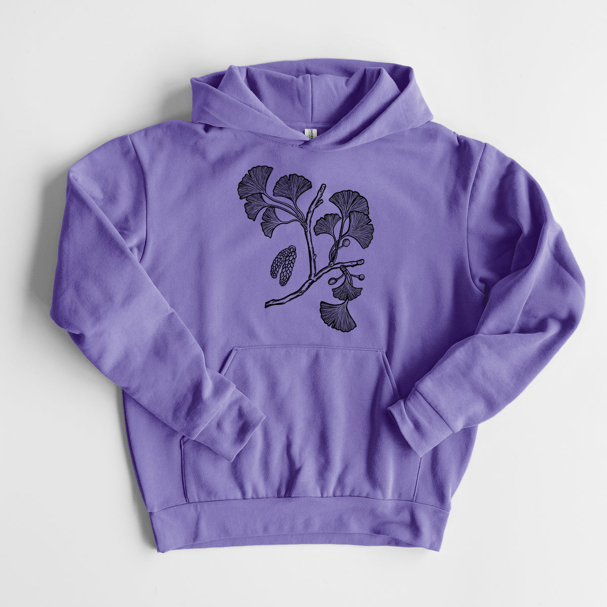Ginkgo Biloba - Ginkgo Tree Stem with Leaves - Statement Midweight Hoodie in Violet, laid flat, showing the oversized boxy fit and front kangaroo pocket.