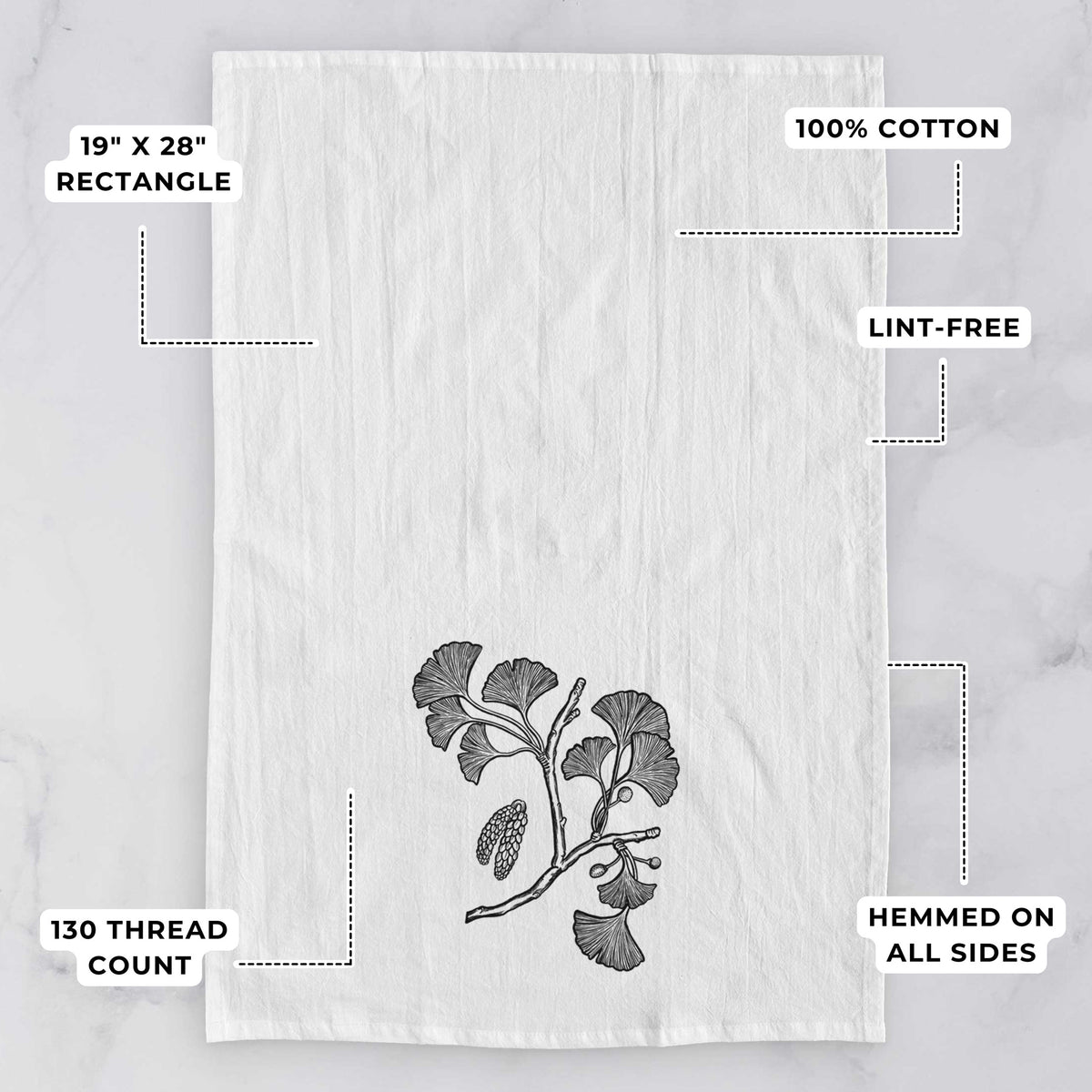 Ginkgo Biloba - Ginkgo Tree Stem with Leaves Tea Towel