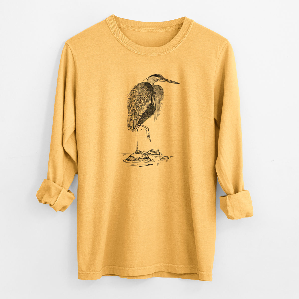 Ardea herodias - Great Blue Heron - Men&#39;s Heavyweight 100% Cotton Long Sleeve