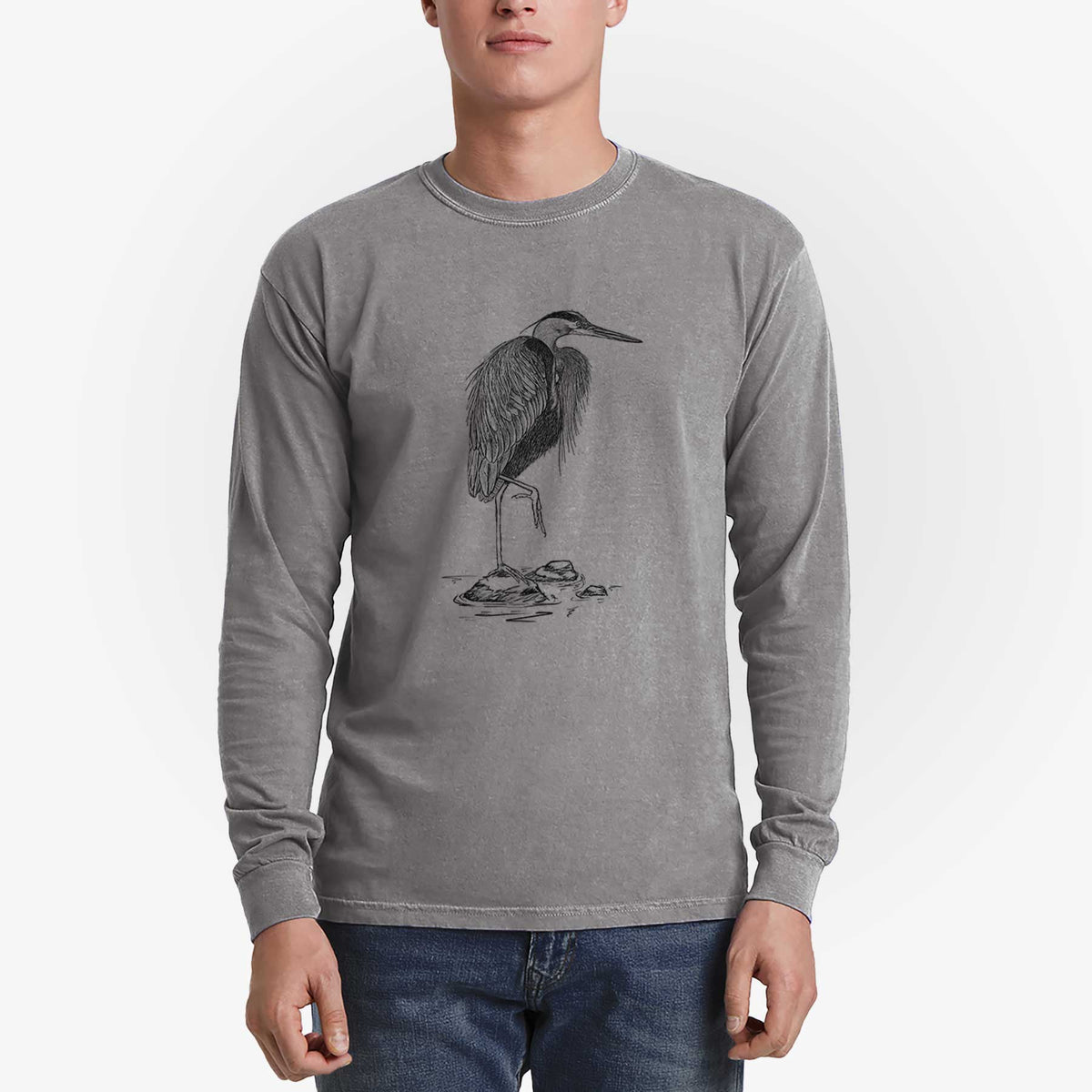 Ardea herodias - Great Blue Heron - Men&#39;s Heavyweight 100% Cotton Long Sleeve