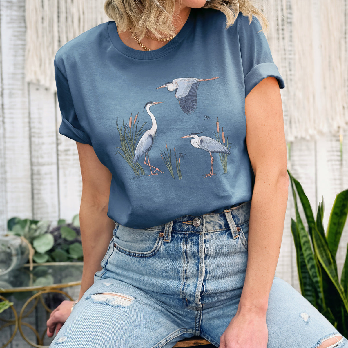 Great Blue Herons in the Cattails - Lightweight 100% Cotton Unisex Crewneck