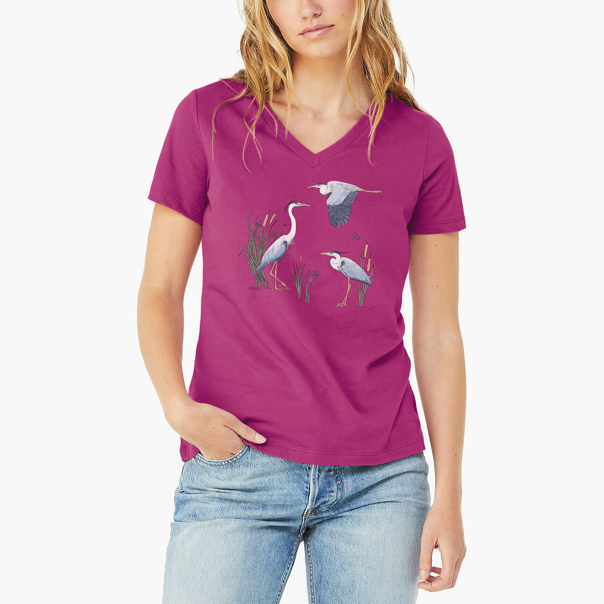 Great Blue Herons in the Cattails - Women's Lightweight Relaxed Fit 100% Cotton V-neck
