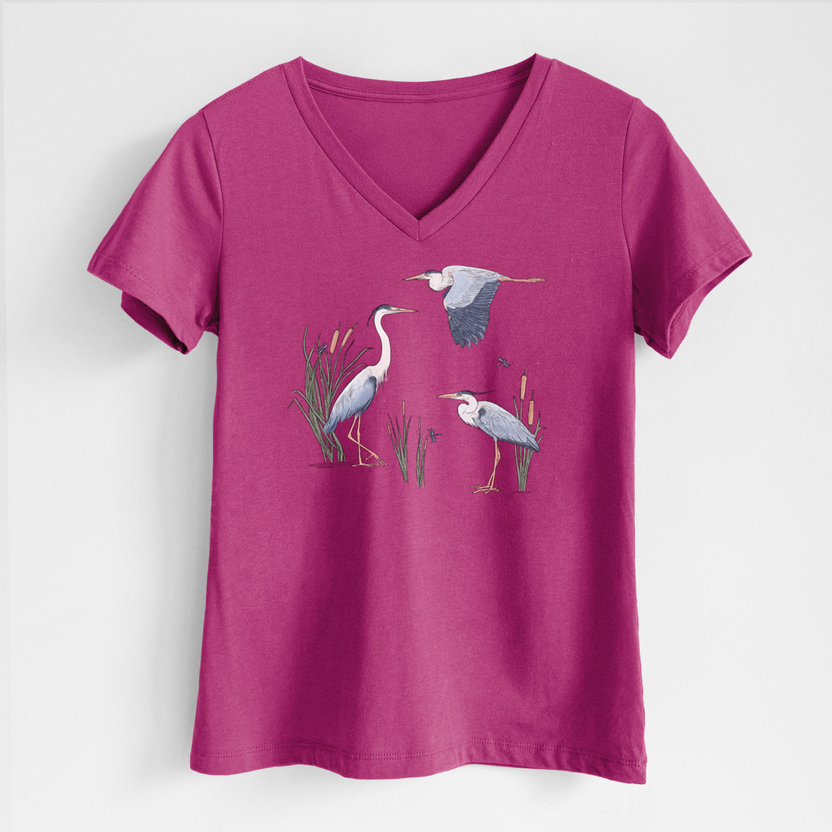 Great Blue Herons in the Cattails - Women's Lightweight Relaxed Fit 100% Cotton V-neck