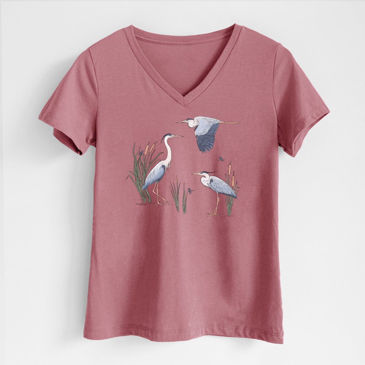 Great Blue Herons in the Cattails - Women's Lightweight Relaxed Fit 100% Cotton V-neck