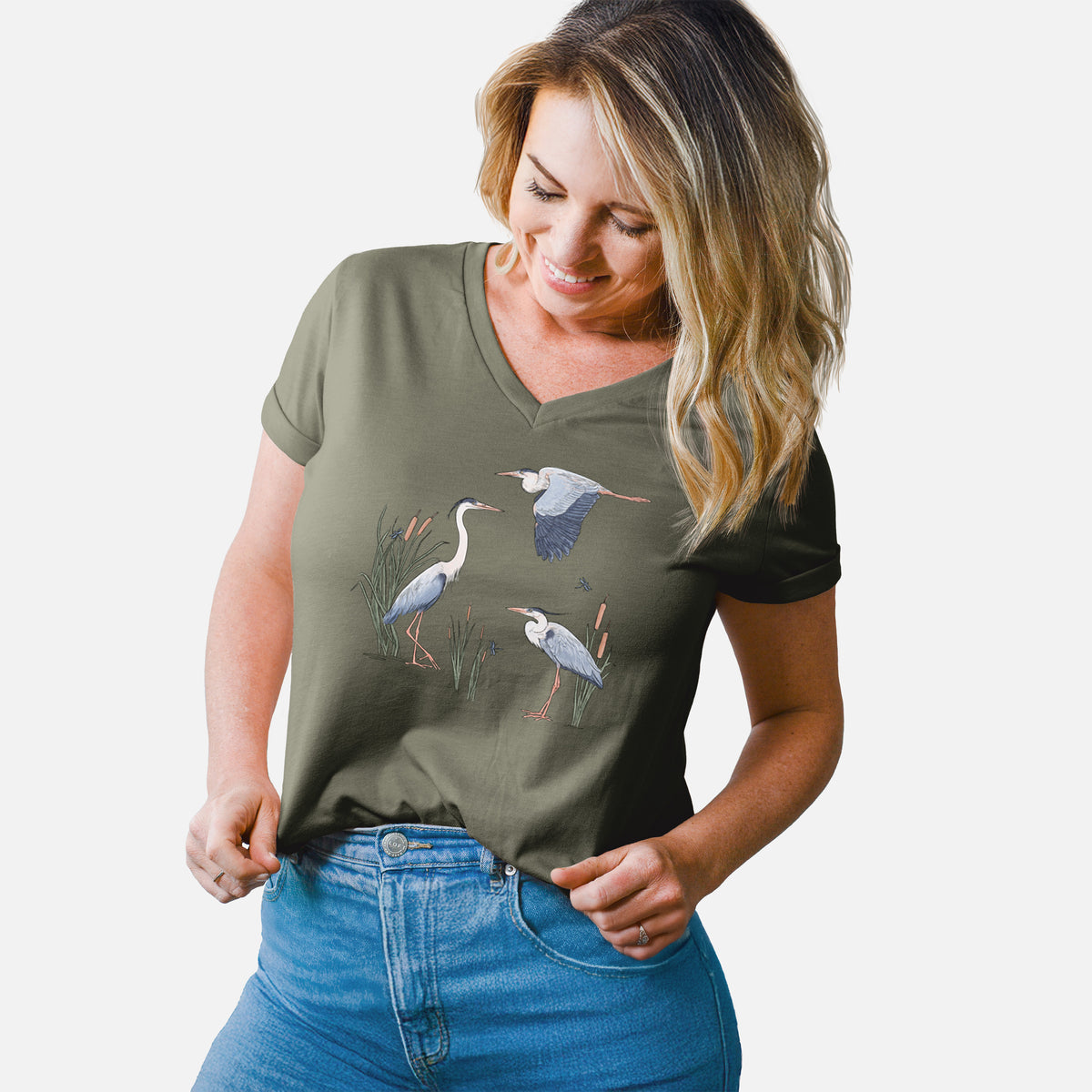 Great Blue Herons in the Cattails - Women's Lightweight Relaxed Fit 100% Cotton V-neck