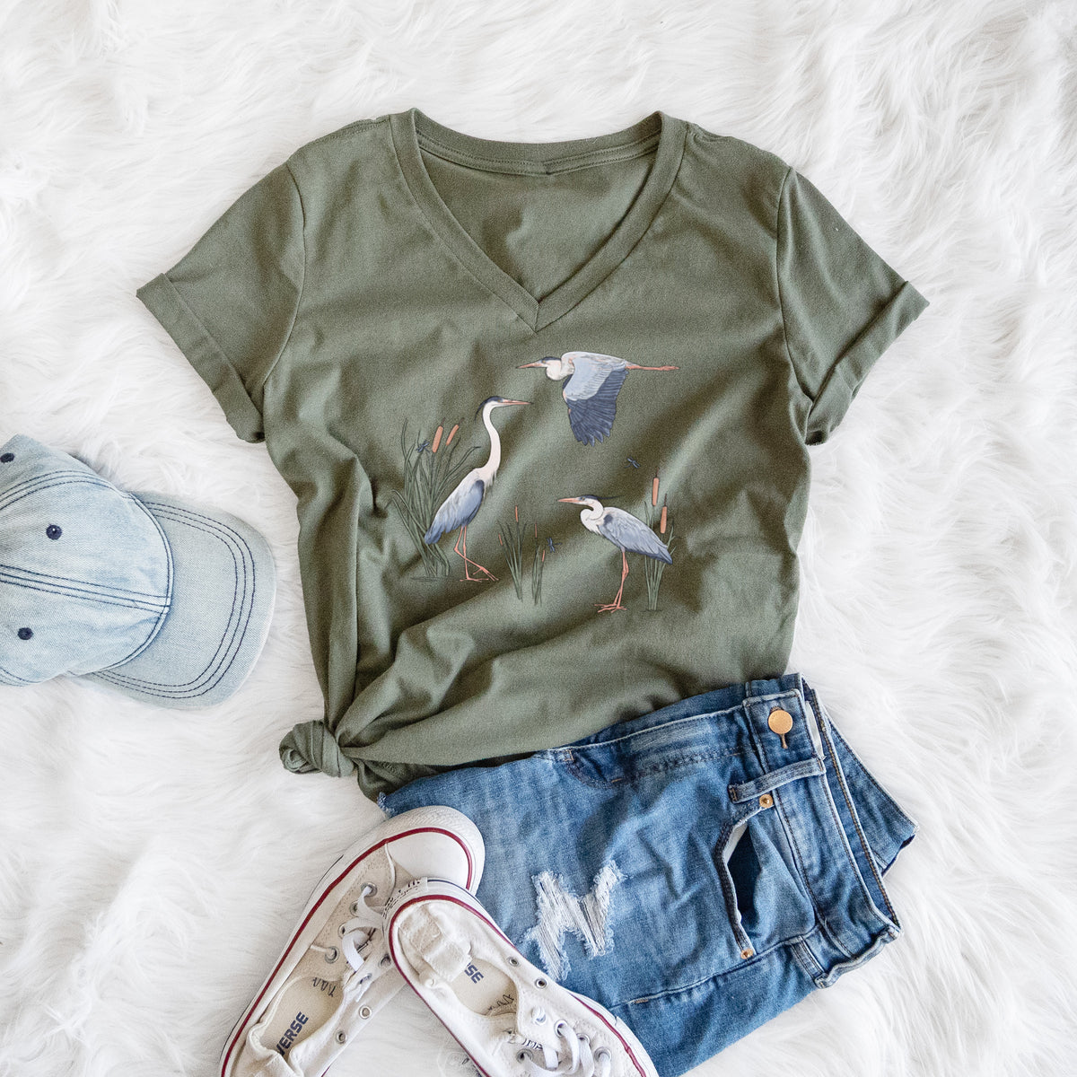 Great Blue Herons in the Cattails - Women's Lightweight Relaxed Fit 100% Cotton V-neck