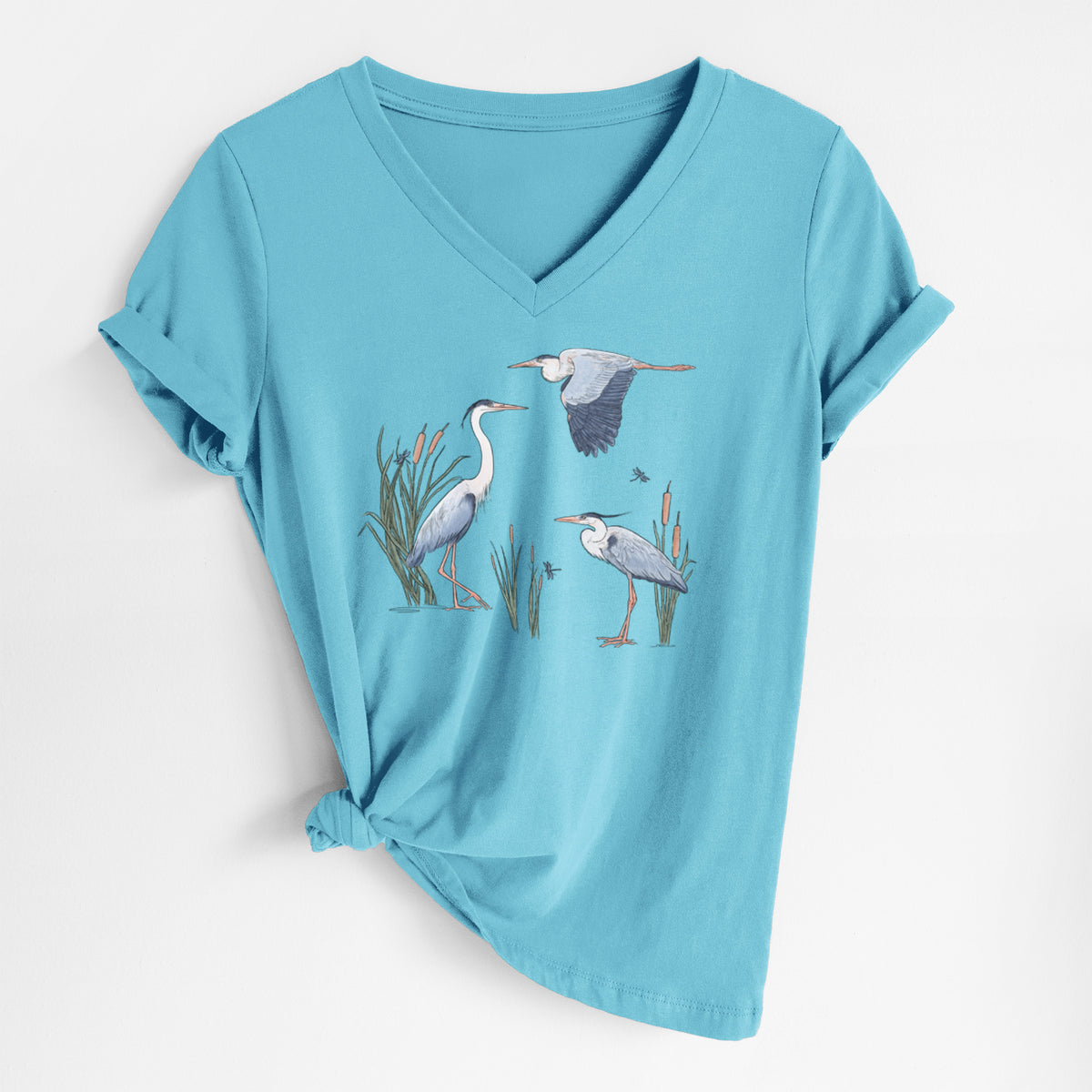 Great Blue Herons in the Cattails - Women's Lightweight Relaxed Fit 100% Cotton V-neck