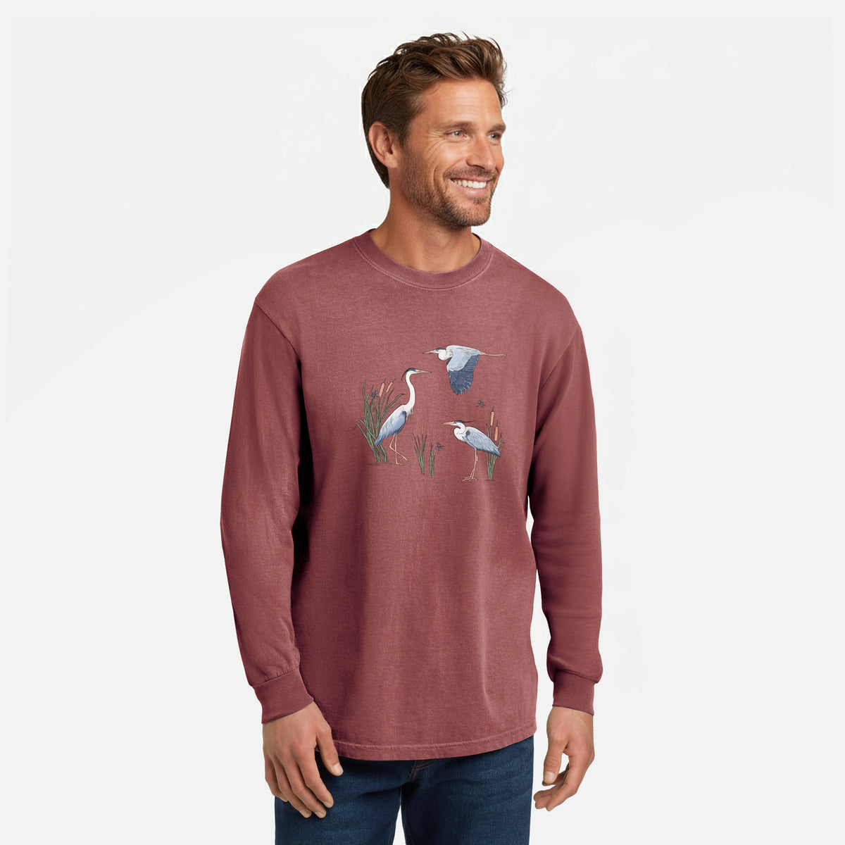 Great Blue Herons in the Cattails - Unisex Comfort Colors 100% Cotton Long Sleeve