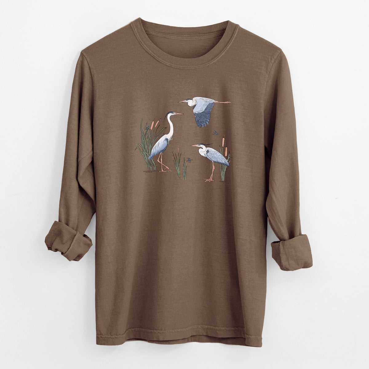 Great Blue Herons in the Cattails - Unisex Comfort Colors 100% Cotton Long Sleeve
