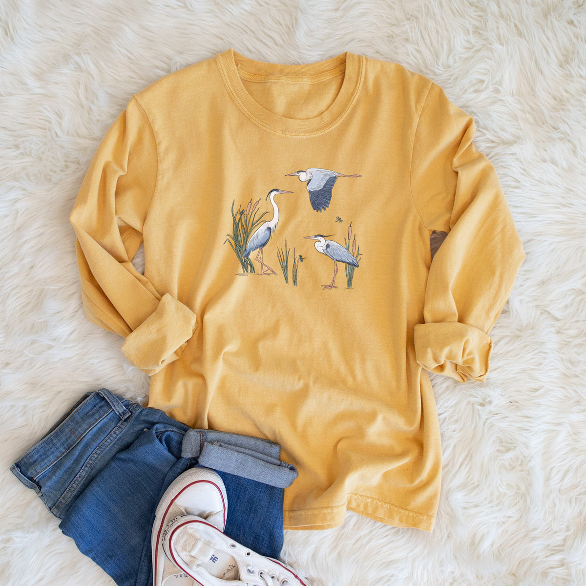 Great Blue Herons in the Cattails - Unisex Comfort Colors 100% Cotton Long Sleeve