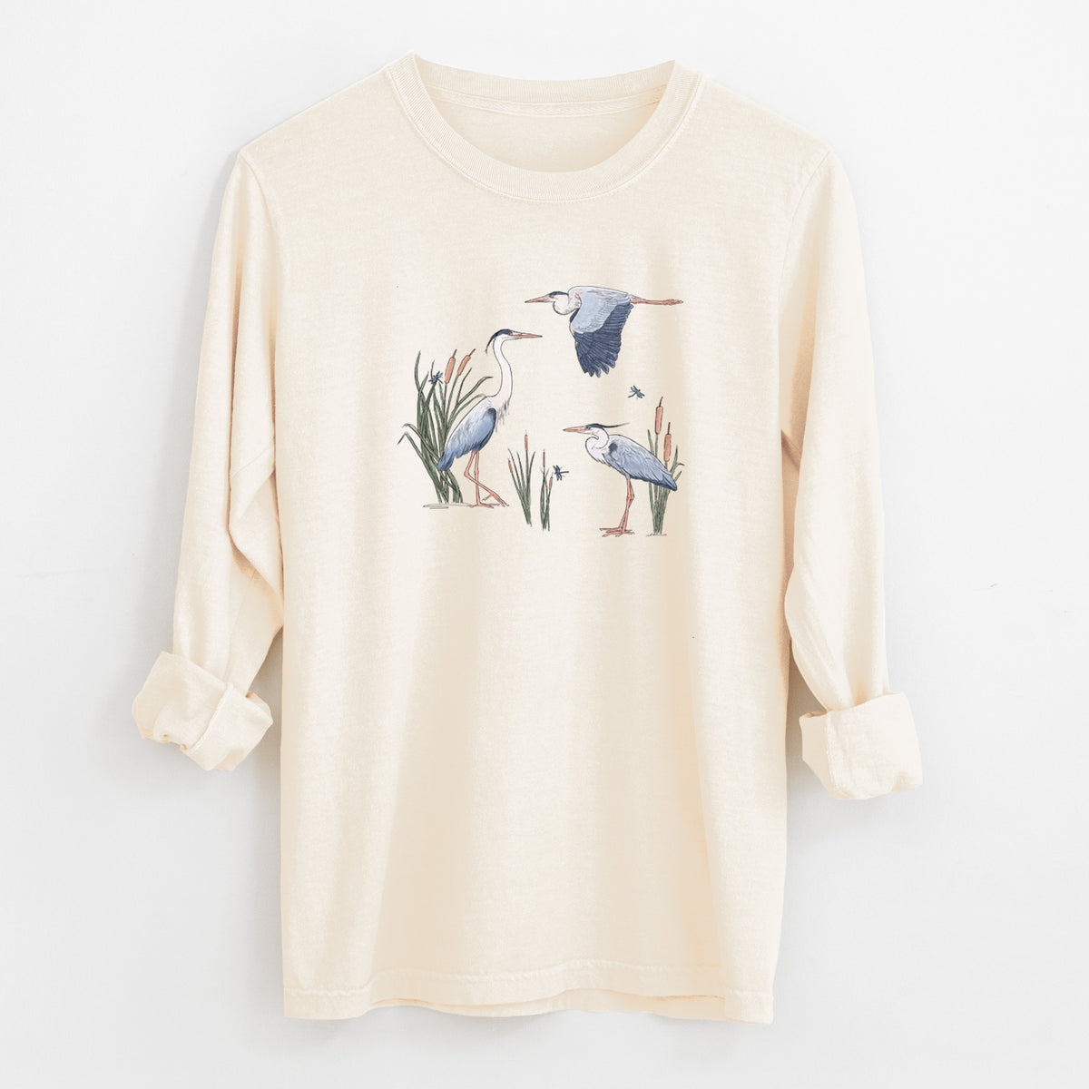 Great Blue Herons in the Cattails - Unisex Comfort Colors 100% Cotton Long Sleeve
