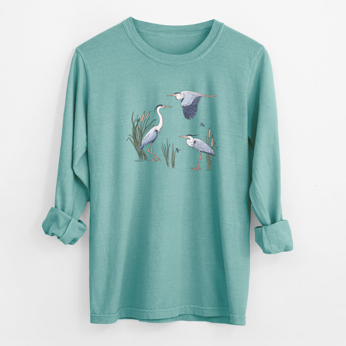 Great Blue Herons in the Cattails - Unisex Comfort Colors 100% Cotton Long Sleeve