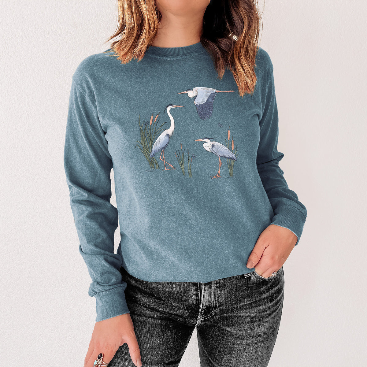 Great Blue Herons in the Cattails - Unisex Comfort Colors 100% Cotton Long Sleeve