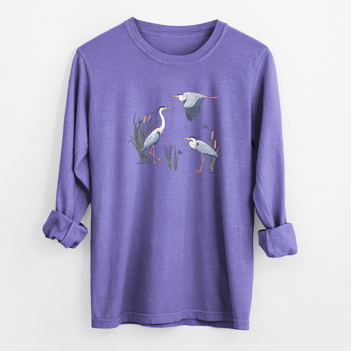 Great Blue Herons in the Cattails - Unisex Comfort Colors 100% Cotton Long Sleeve