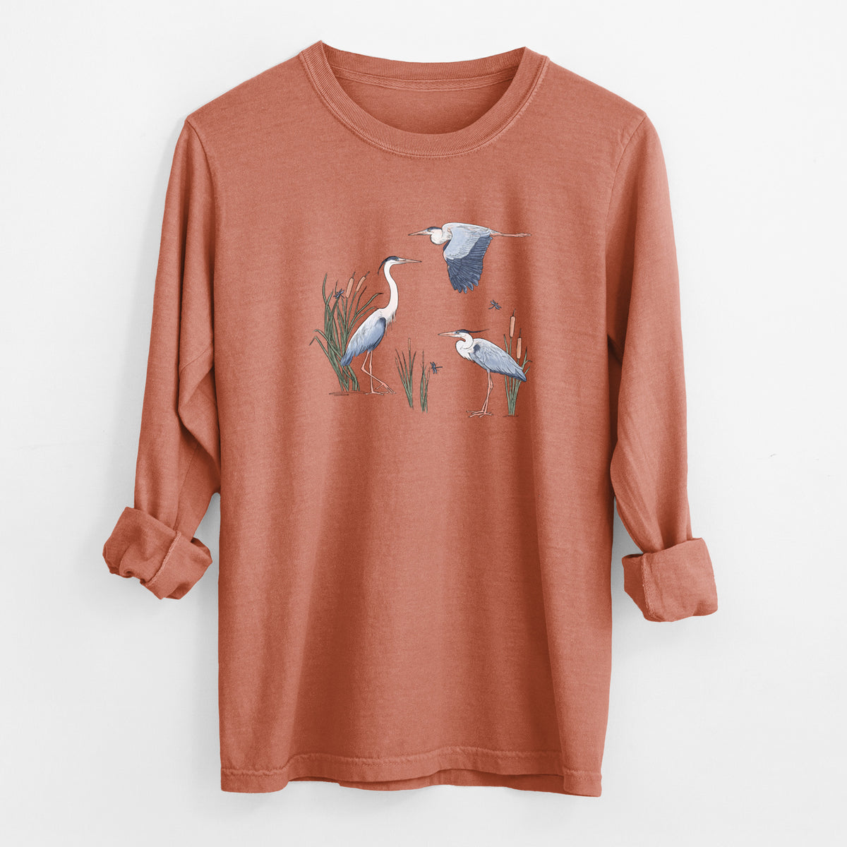 Great Blue Herons in the Cattails - Unisex Comfort Colors 100% Cotton Long Sleeve
