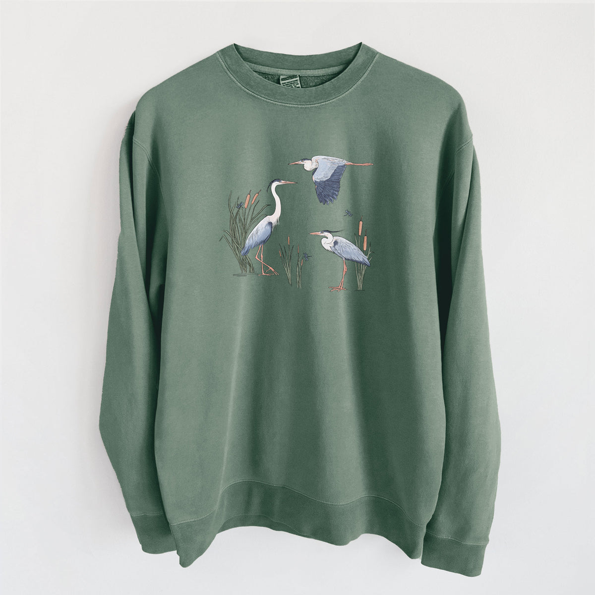 Great Blue Herons in the Cattails - Unisex Pigment Dyed Crew Sweatshirt